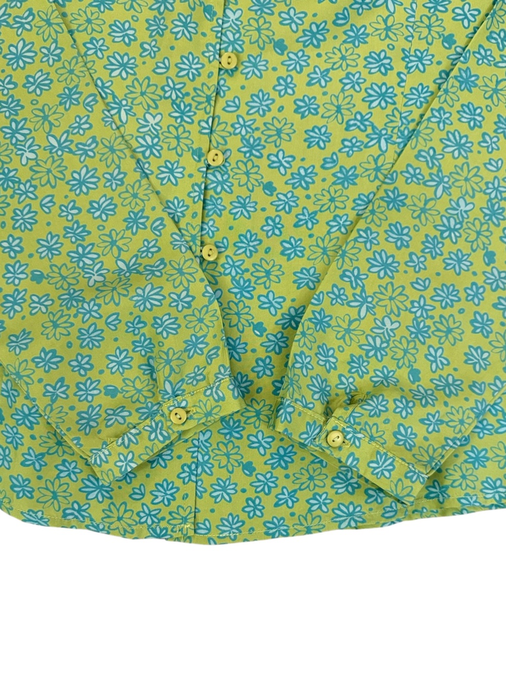 Provence d’amour 100% Silk Y2K Floral Blouse Lime Green Blue Daisy Print Medium - Picture 6 of 15